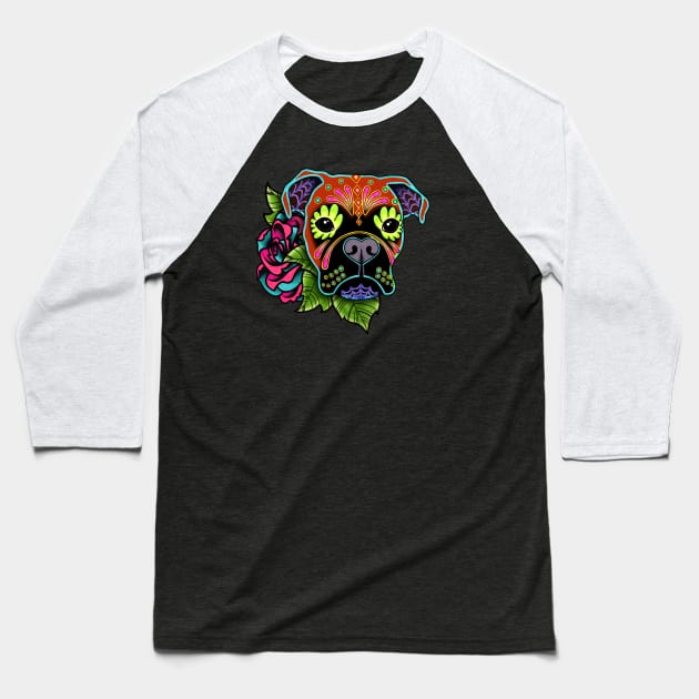 Boxer in Fawn - Day of the Dead Sugar Skull Dog Baseball T-Shirt by prettyinink